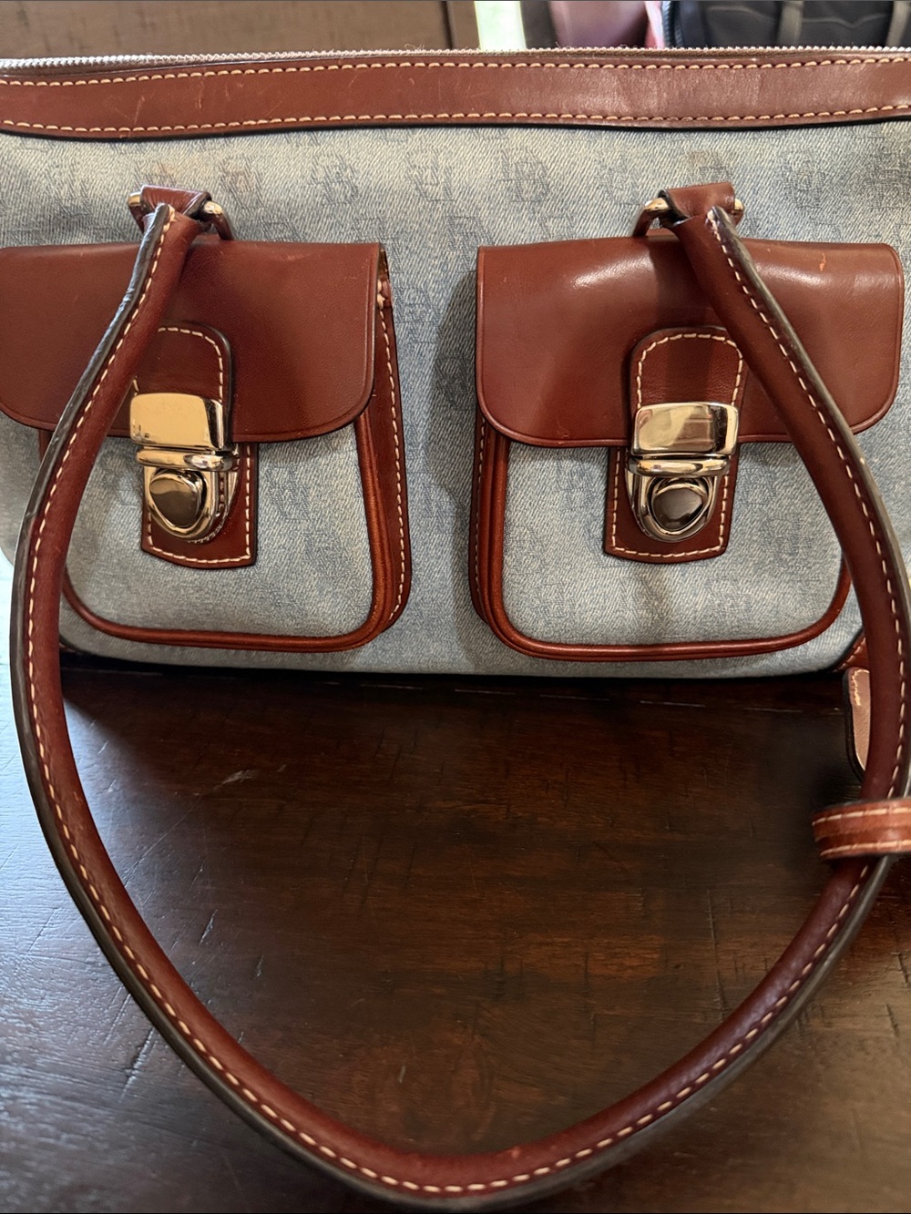 Dooney & Bourke Blue Canvas and Brown Leather Shoulder Bag - Picture 7 of 12